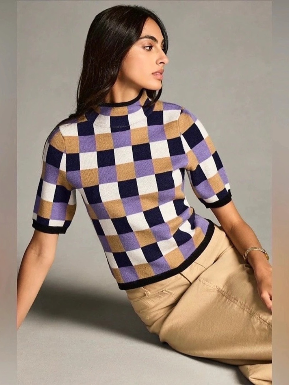 Maeve Checkered Short Sleeve Top in Blue & Purple Medium Like New